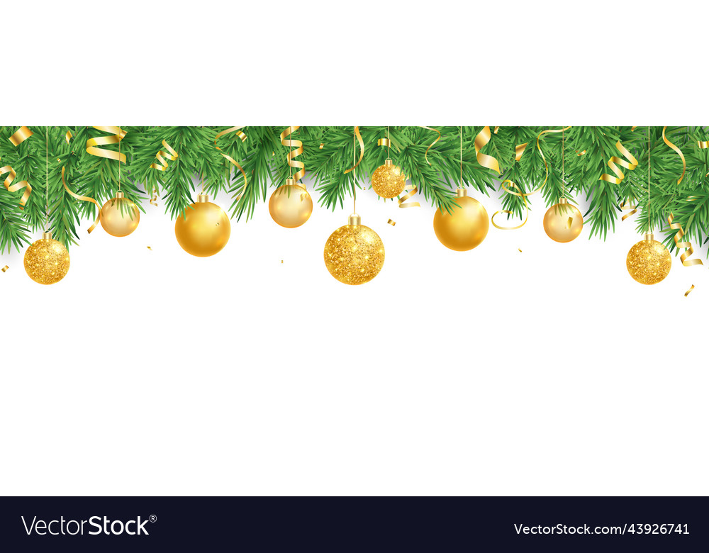 Christmas fir garland border with golden balls