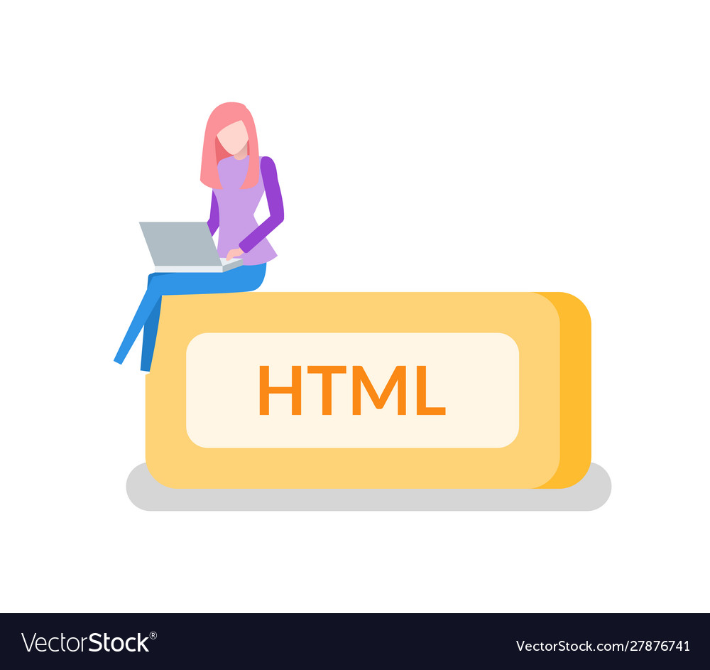 Html button woman programmer with laptop coding vector image Html button woman programmer with laptop coding