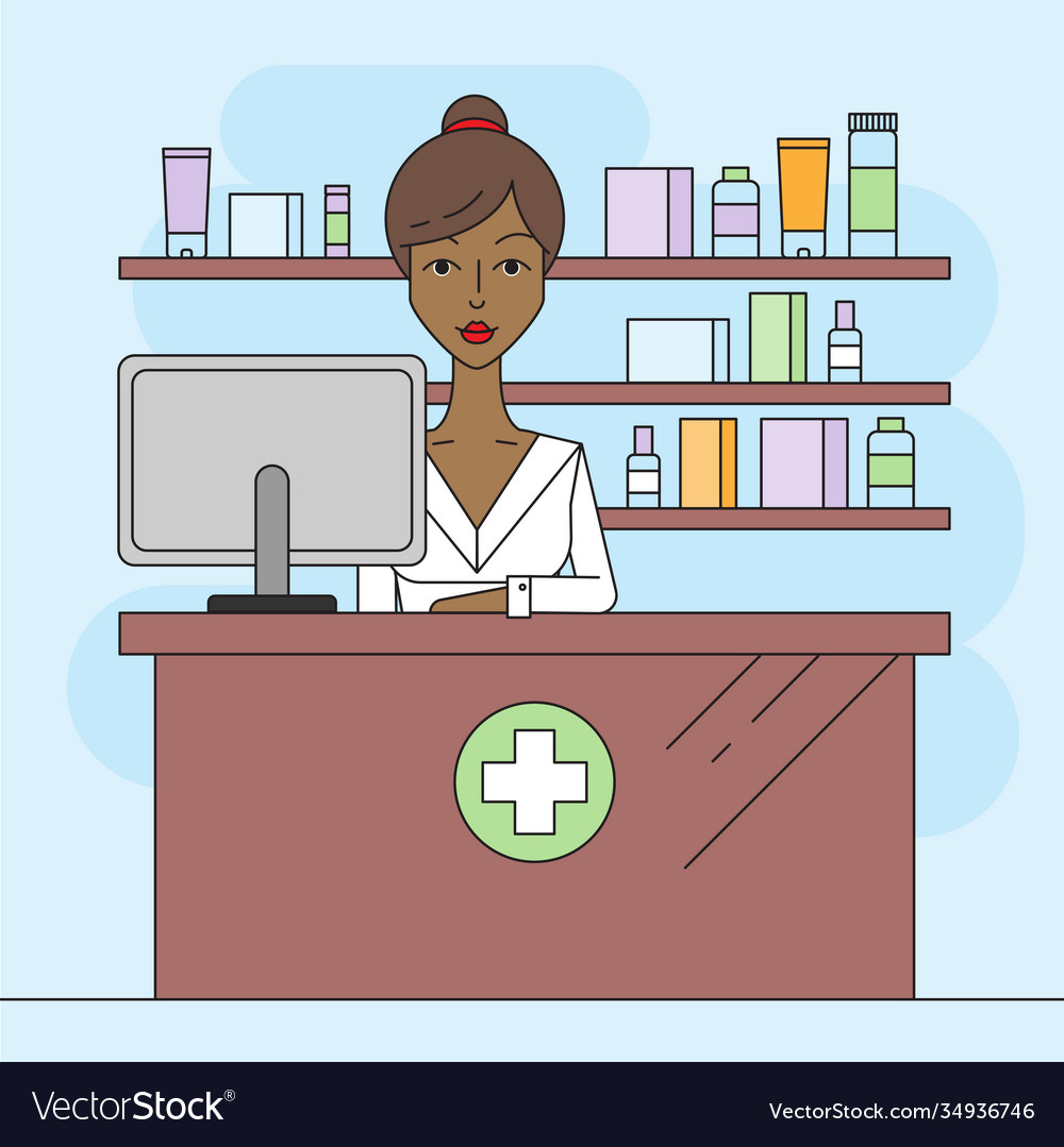 Schwarze Frau Apotheker in der Apotheke trendy vector image Schwarze Frau Apotheker in der Apotheke trendy