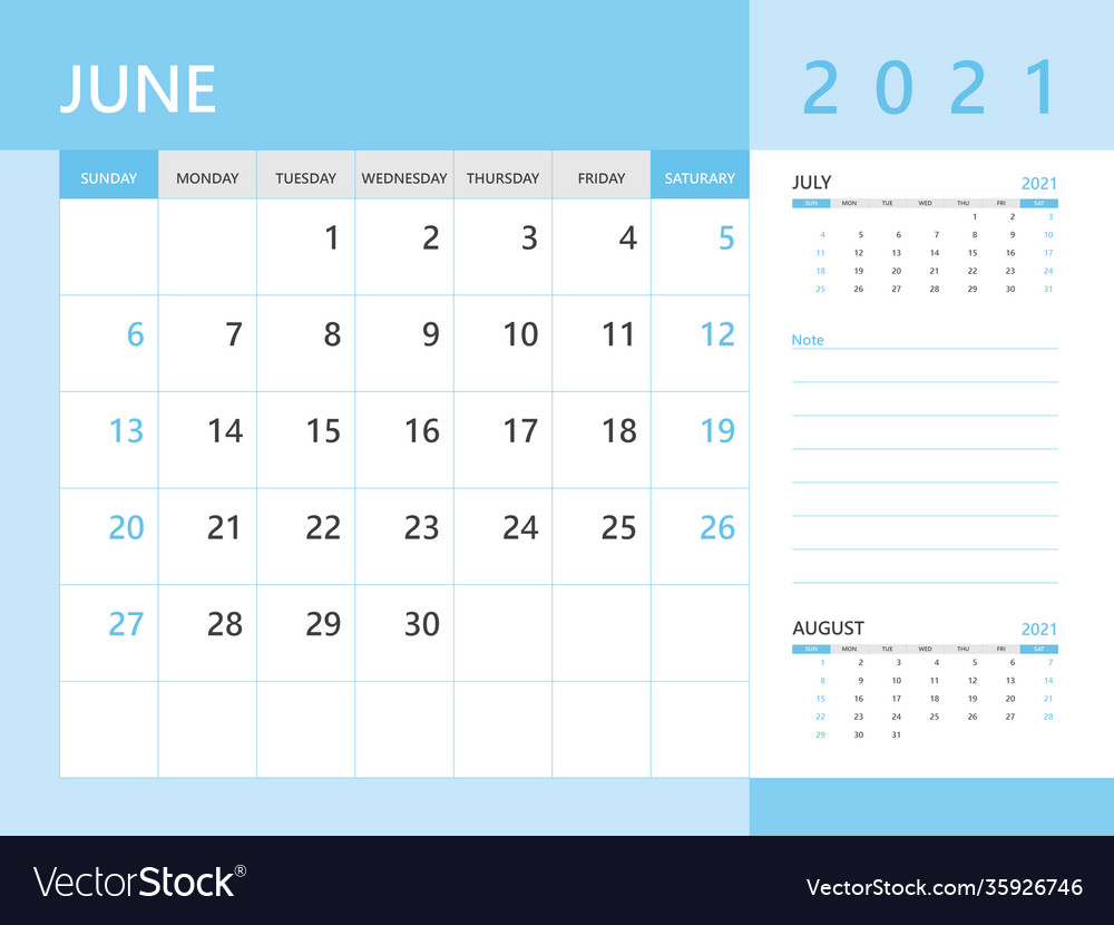 Calendar 2021 template june 2021 year Royalty Free Vector