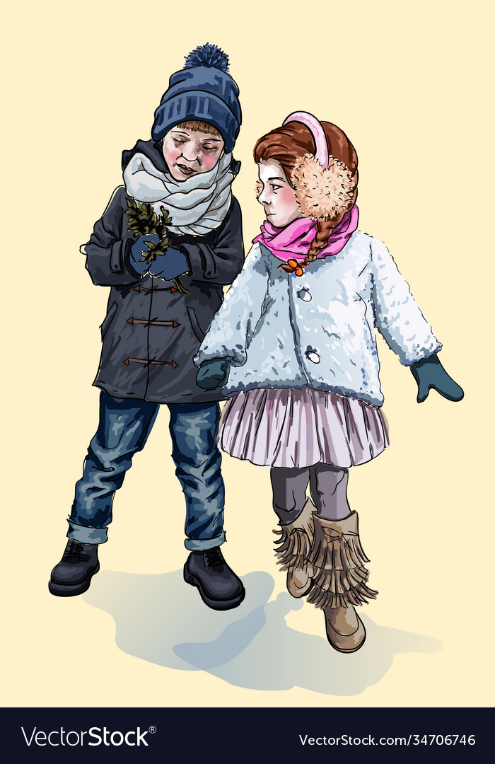 Children are walking outside in winter the boy Vector Image