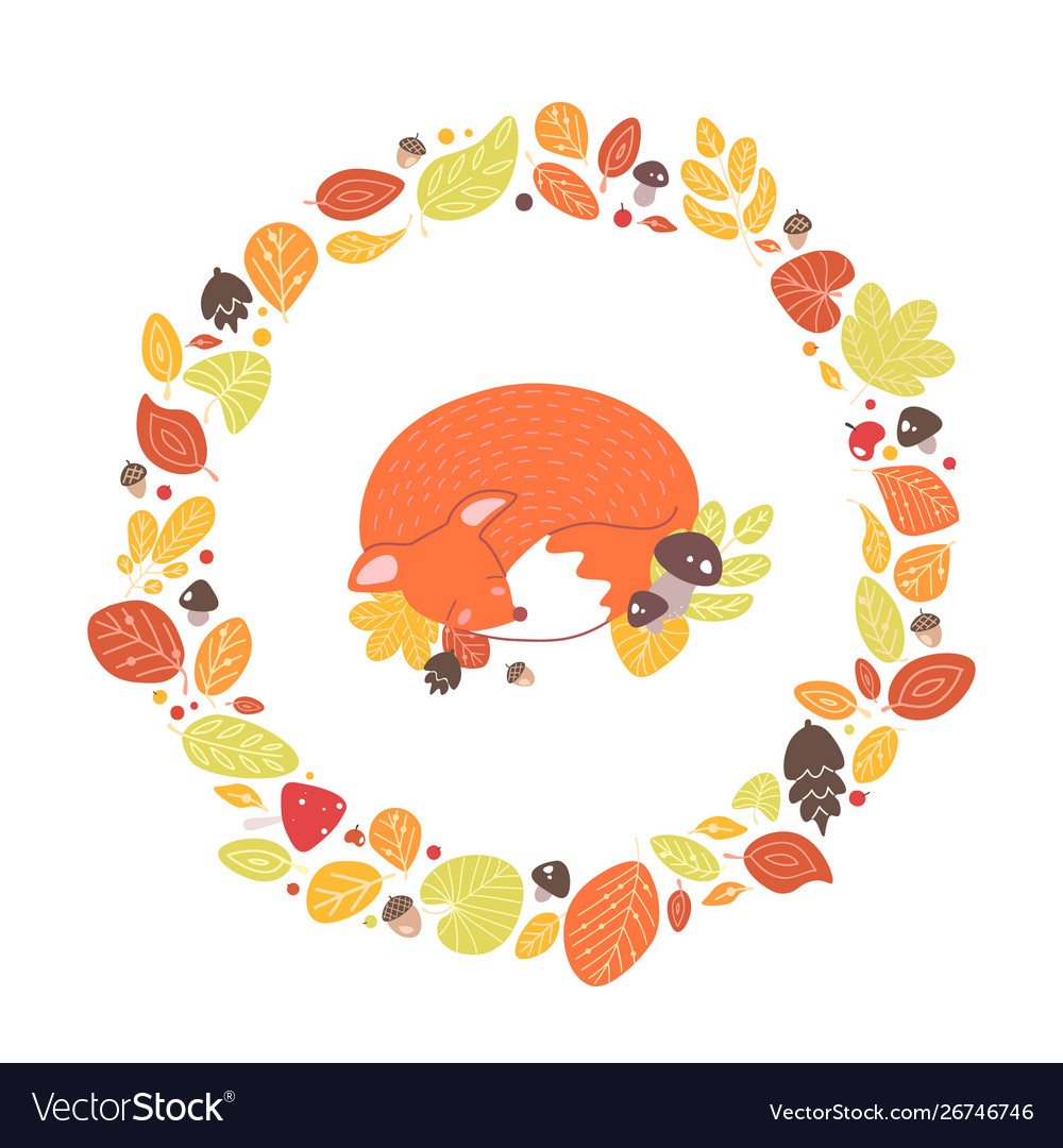 Cute Fox in Autumn Wreath