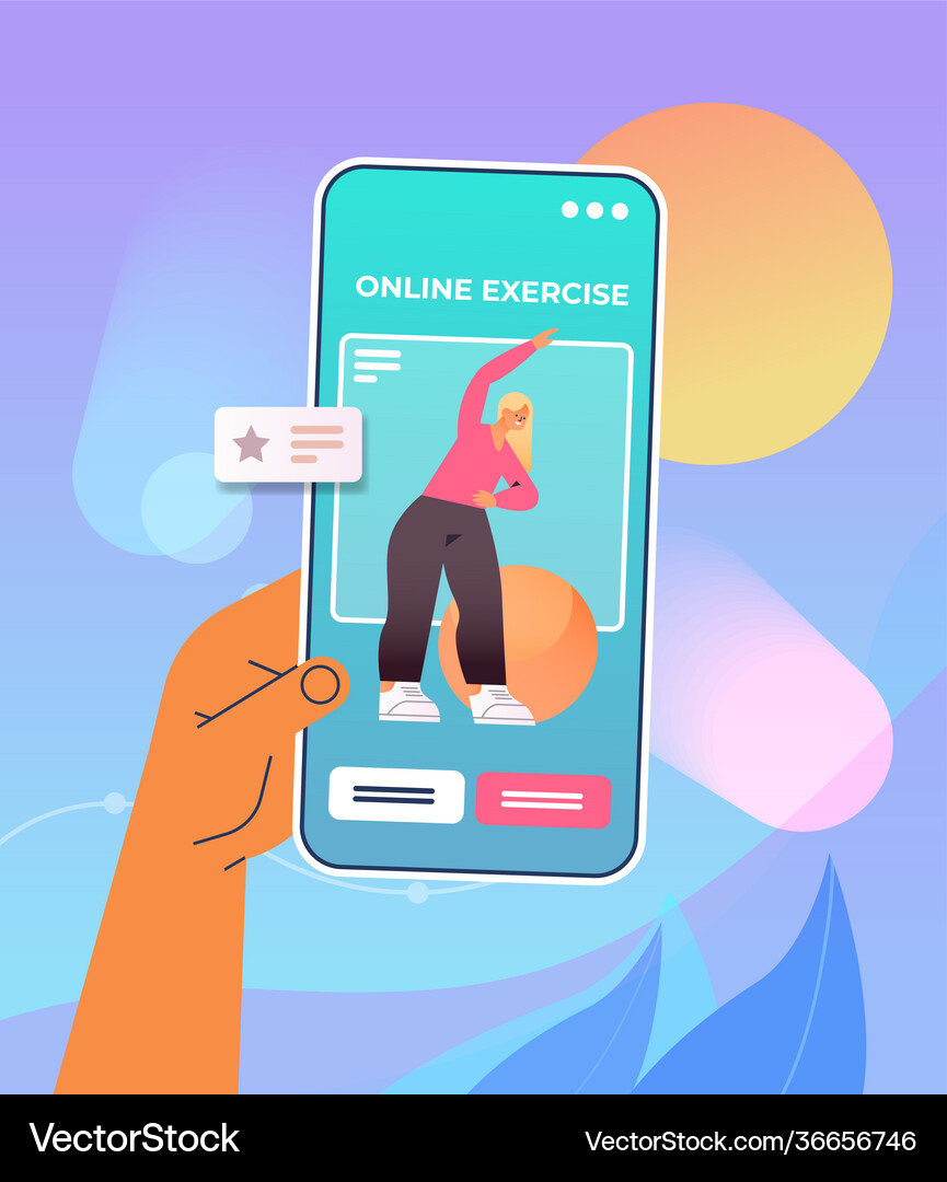 Hand using mobile fitness app woman doing physical