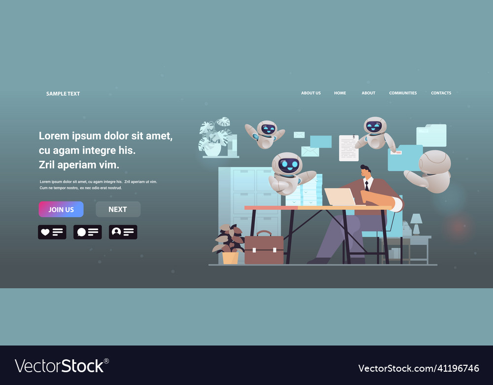 Overworked businessman with robots using laptop vector image Overworked businessman with robots using laptop