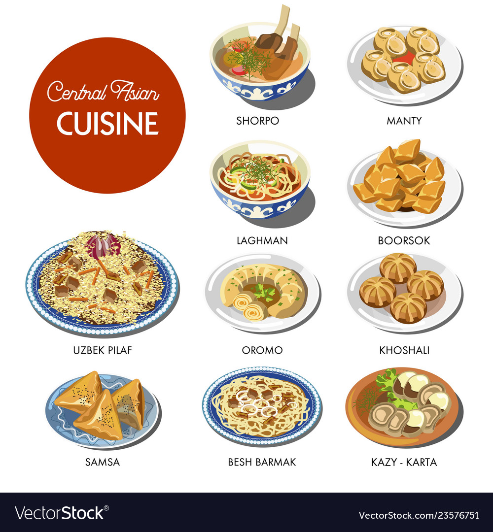 central-asian-food-cuisine-traditional-dishes-vector-image