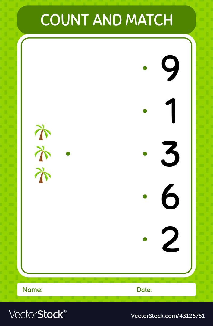 Count and match game with coconut tree worksheet vector image Count and match game with coconut tree worksheet