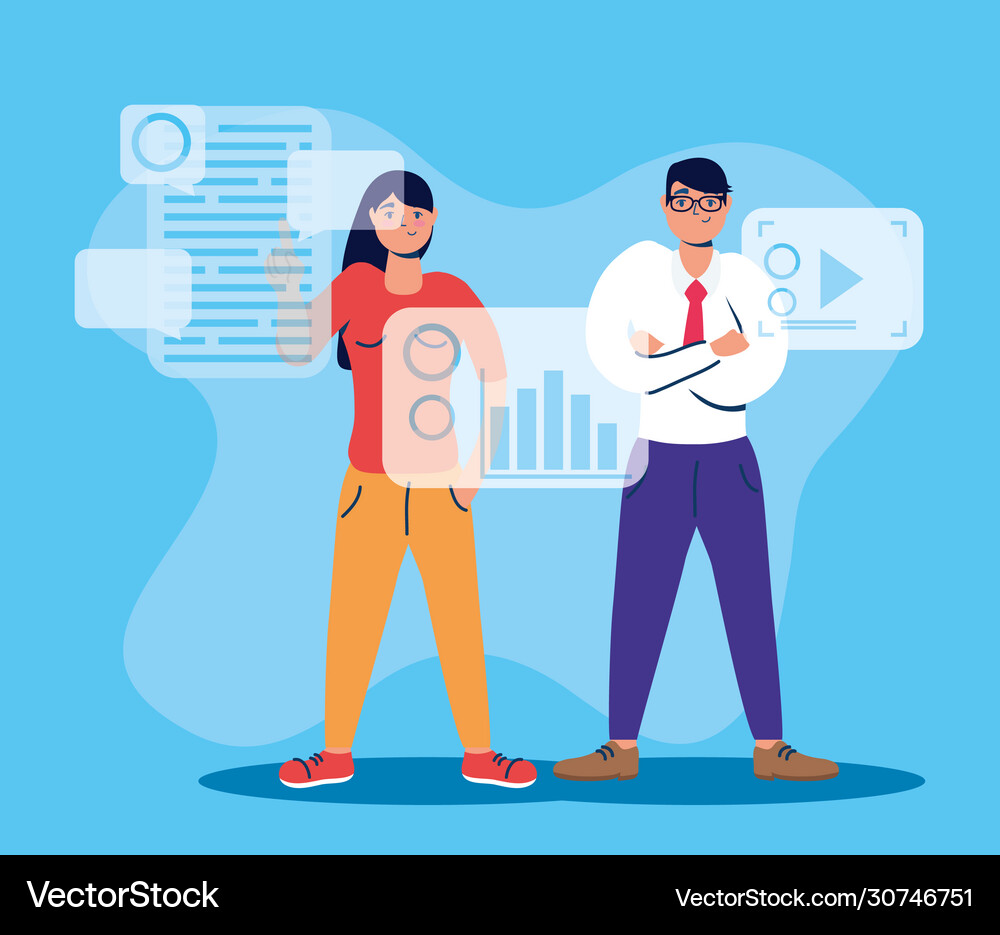 Couple using technology characters icon Royalty Free Vector