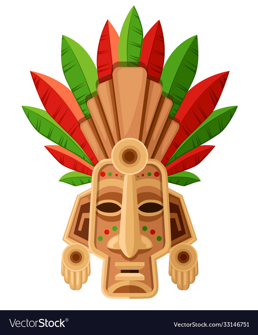 Ethnic tribal mask with green and red leaf Vector Image