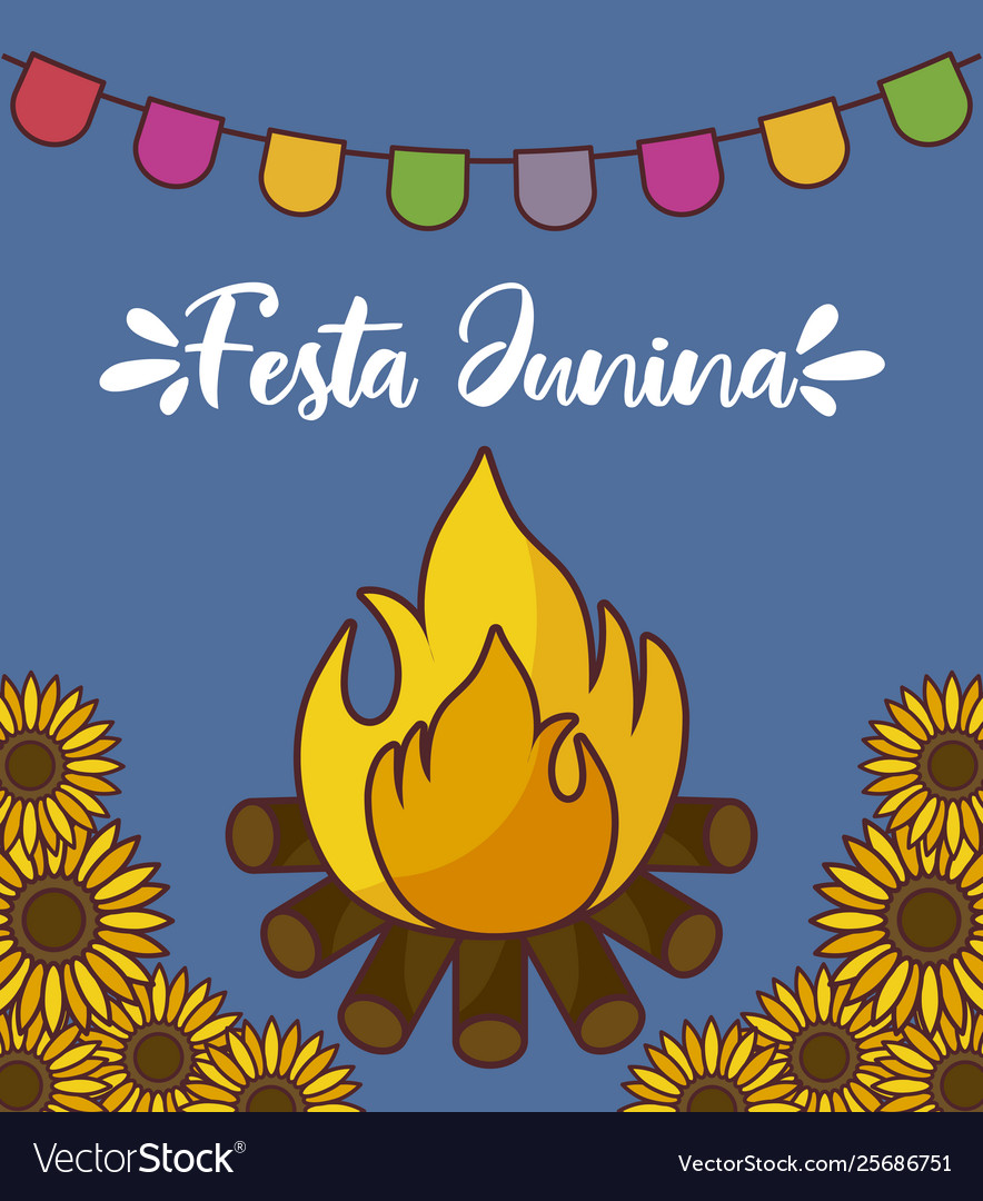 Festa Junina Card With Campfire And Sunflowers Vector Image