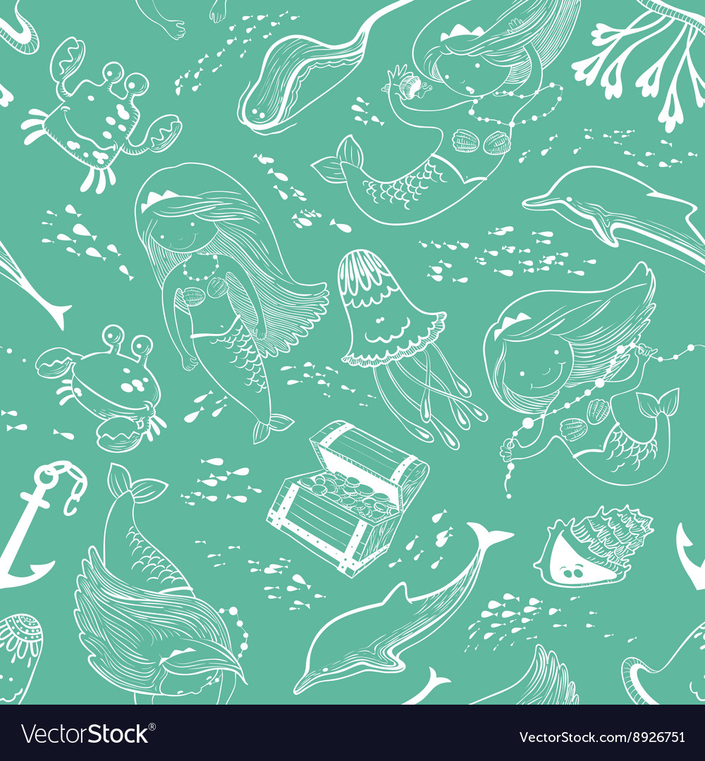 Pattern with doodle mermaid and underwater set