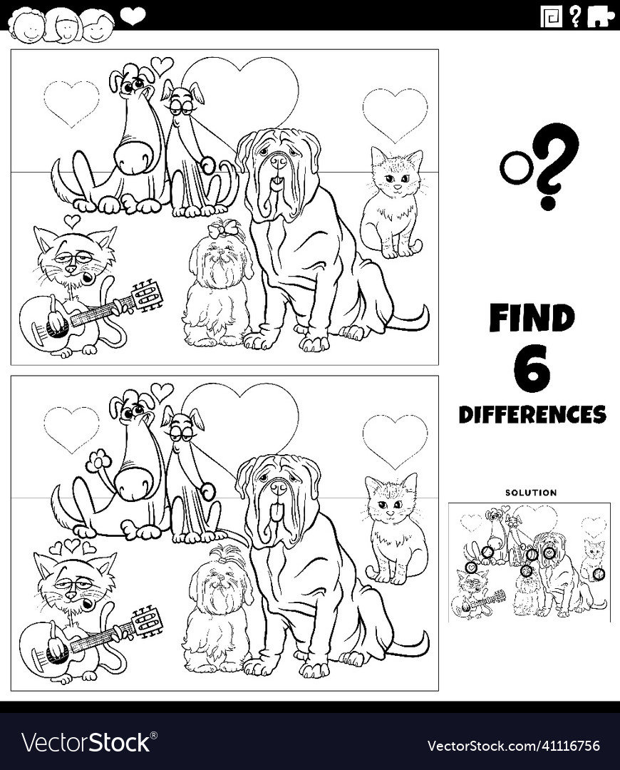 Differences task with pets in love coloring book Vector Image