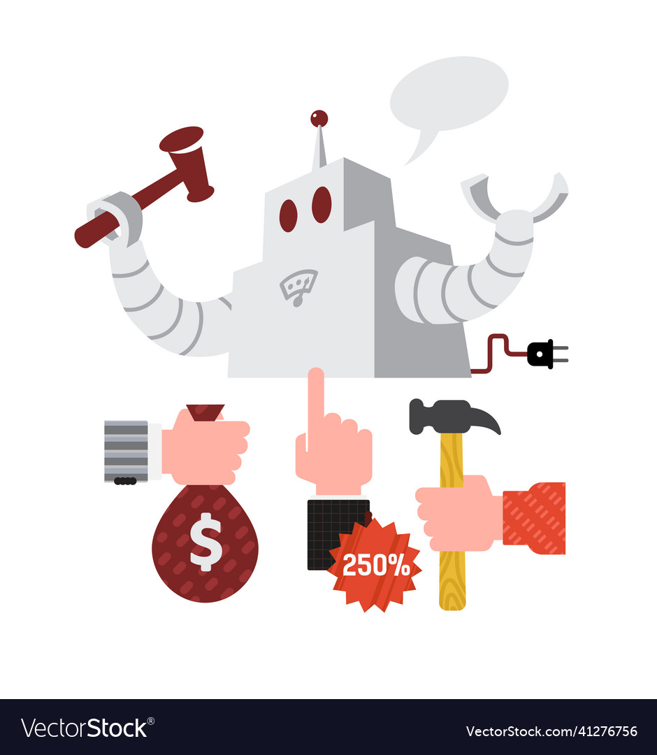 Robot with a hammer image of automated auctions vector image Robot with a hammer image of automated auctions