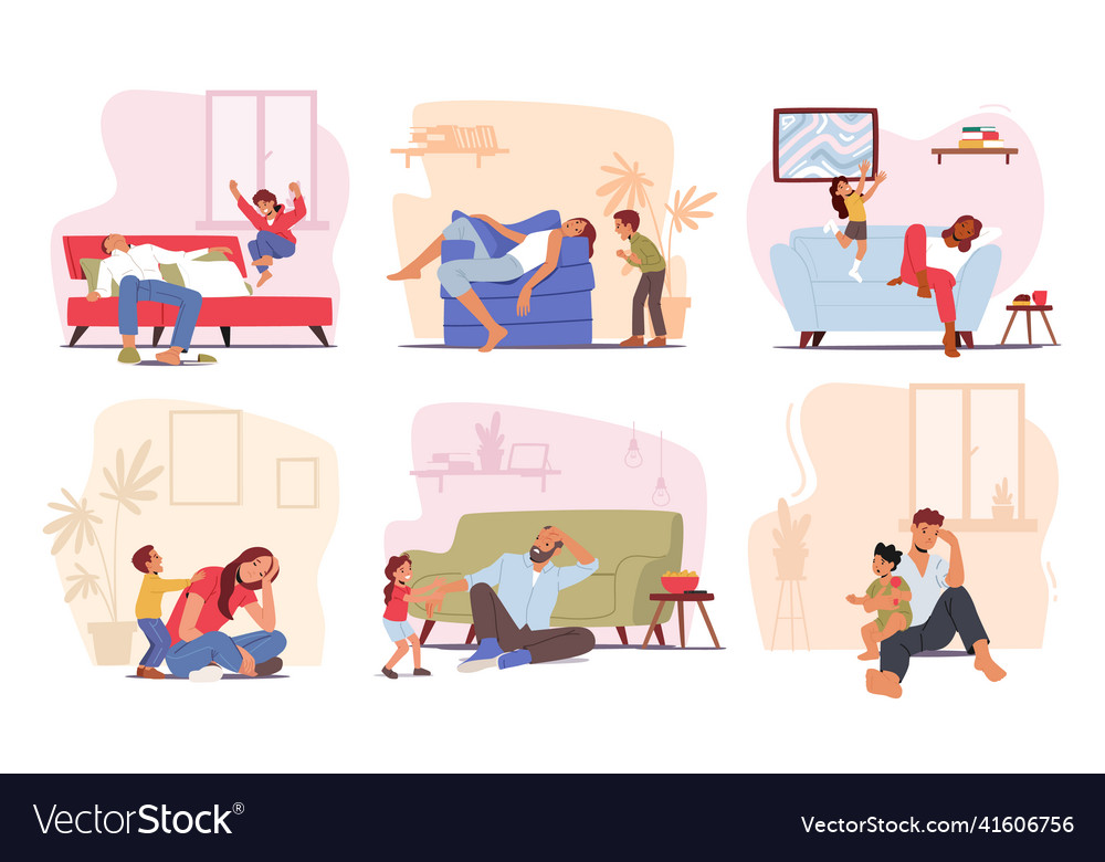 Set of tired parents with hyperactive children Vector Image