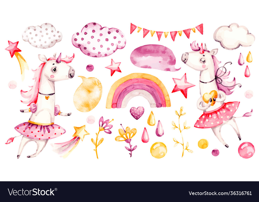 Cute unicorn baby girl watercolor nursery vector image Cute unicorn baby girl watercolor nursery