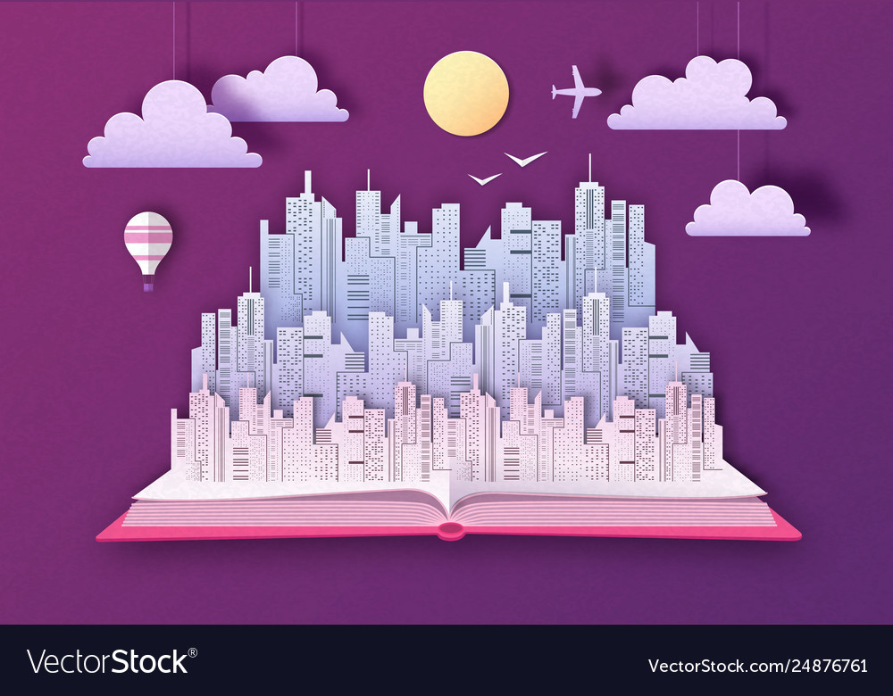 Open fairy tale book with urban city landscape vector image Open fairy tale book with urban city landscape