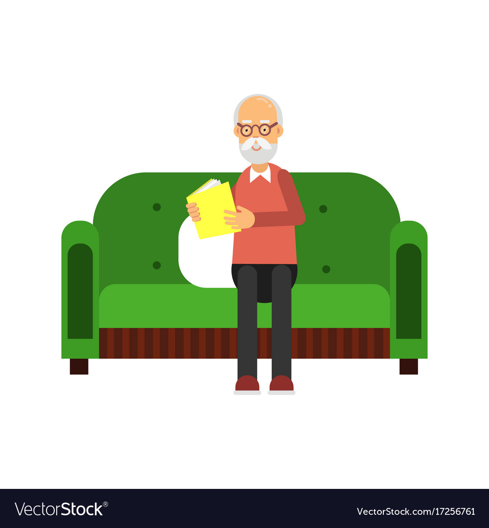 Senior man character sitting on green sofa