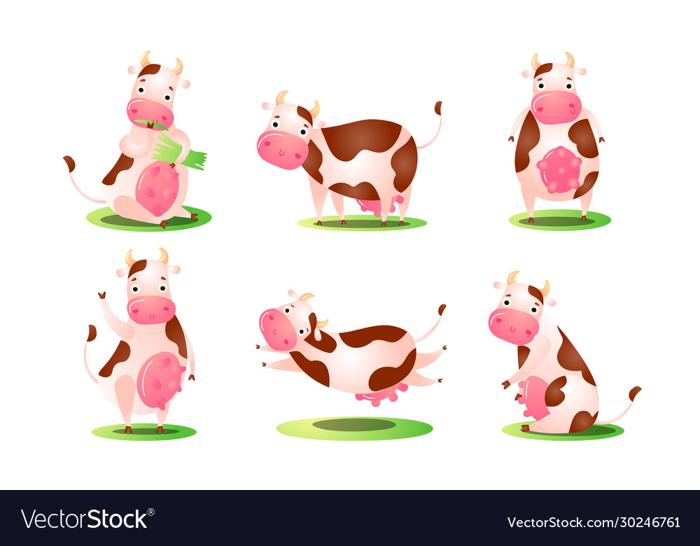 Set a cute funny cow standing in different