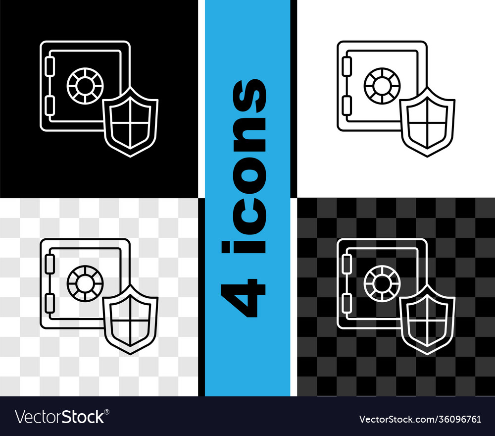 Set line safe with shield icon isolated on black