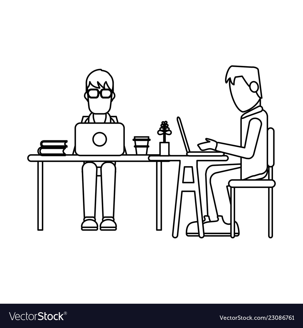 Working with computer avatar black and white vector image Working with computer avatar black and white