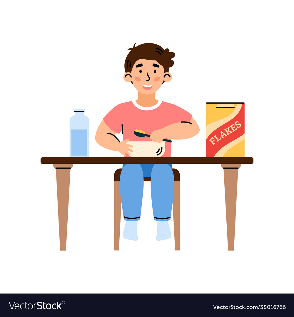 Child boy eats cereal flakes for breakfast Vector Image