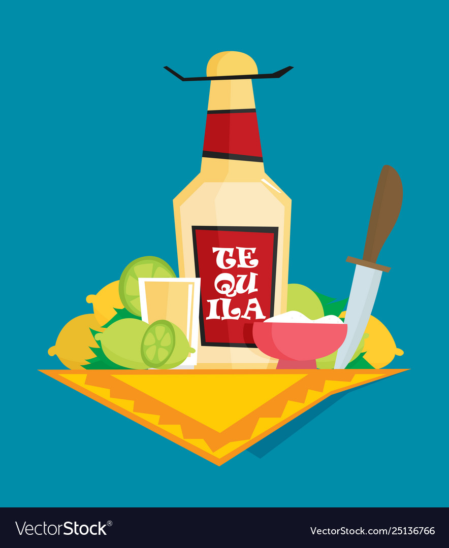 Tequila Flasche Salz Zitrone flach Lizenzfreies Vektorbild