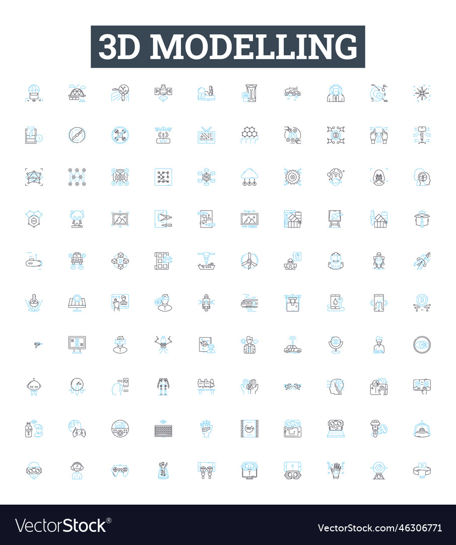 3d modelling line icons set
