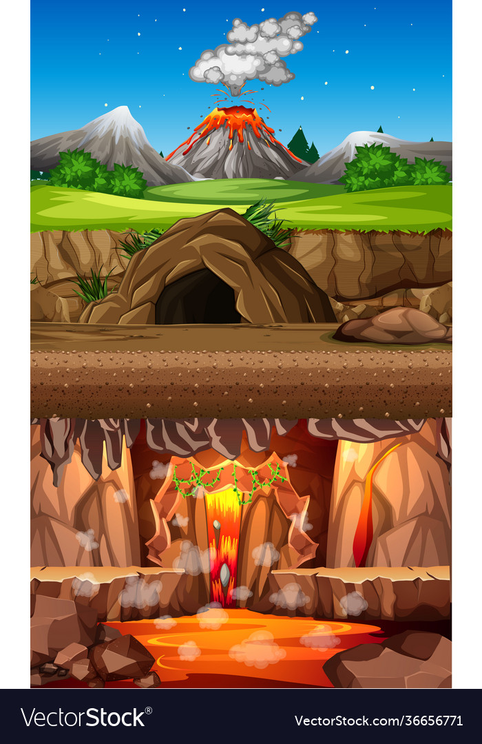 Volcano eruption in nature forest scene