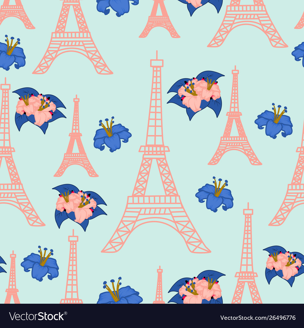 Pink tour eiffel and flowers in a seamless