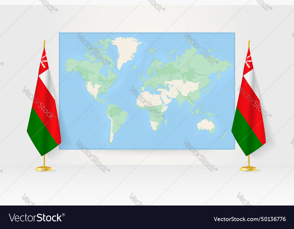 World map between two hanging flags of oman flag vector image World map between two hanging flags of oman flag