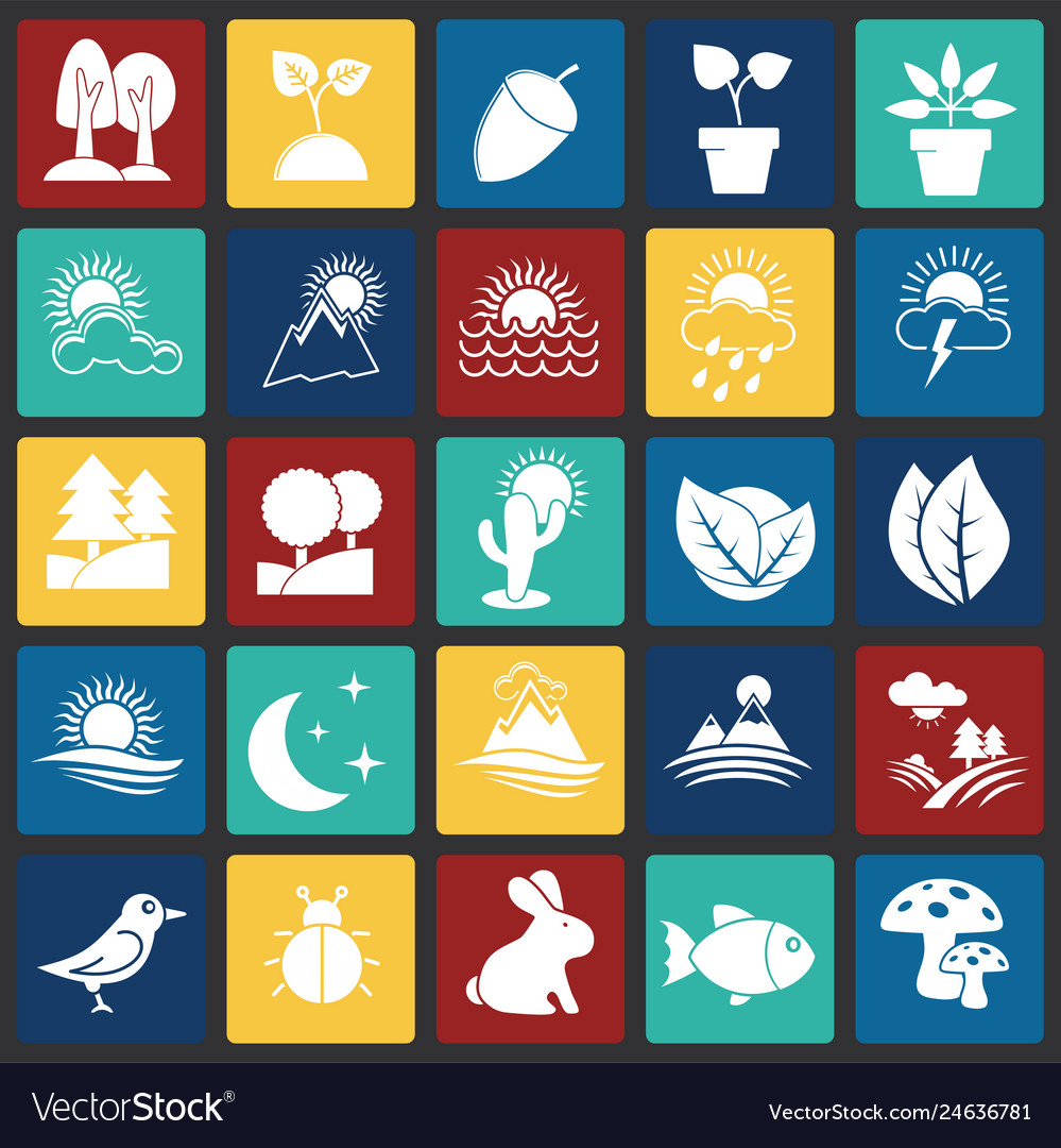Nature related icons set on squares background vector image Nature related icons set on squares background
