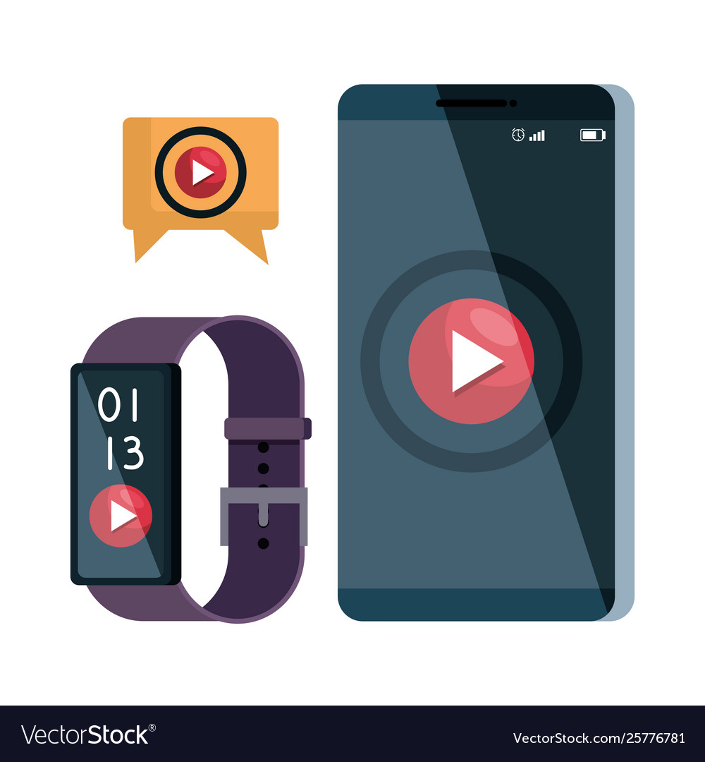 Smartphone and smartwatch with play button vector image Smartphone and smartwatch with play button