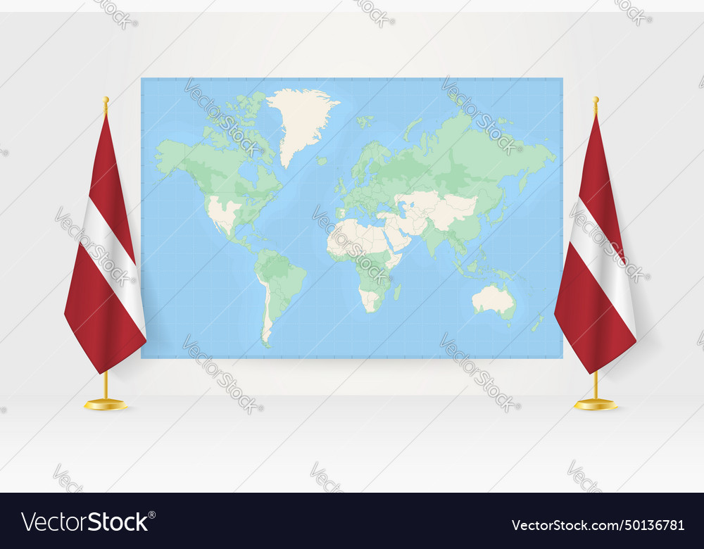 World map between two hanging flags of latvia