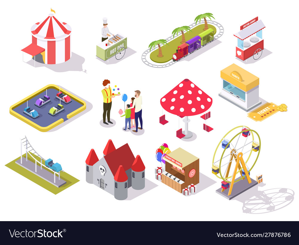 Amusement park flat isometric icon set Royalty Free Vector