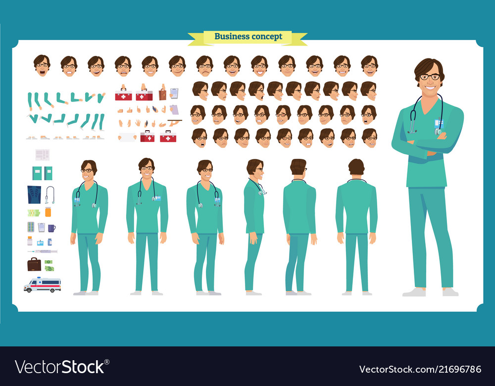 Front side back view animated character doctor