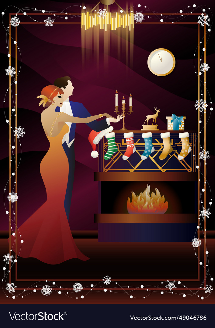 Happy family dancing near fireplace Royalty Free Vector