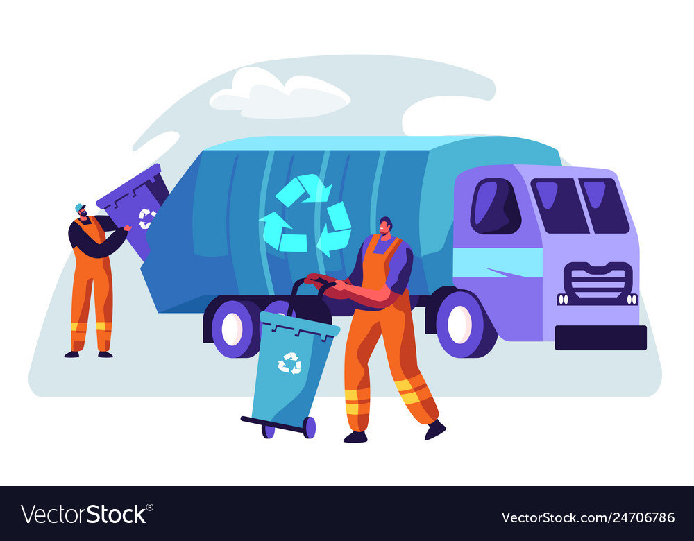 Man cleaning trash container to rubbish truck Vector Image