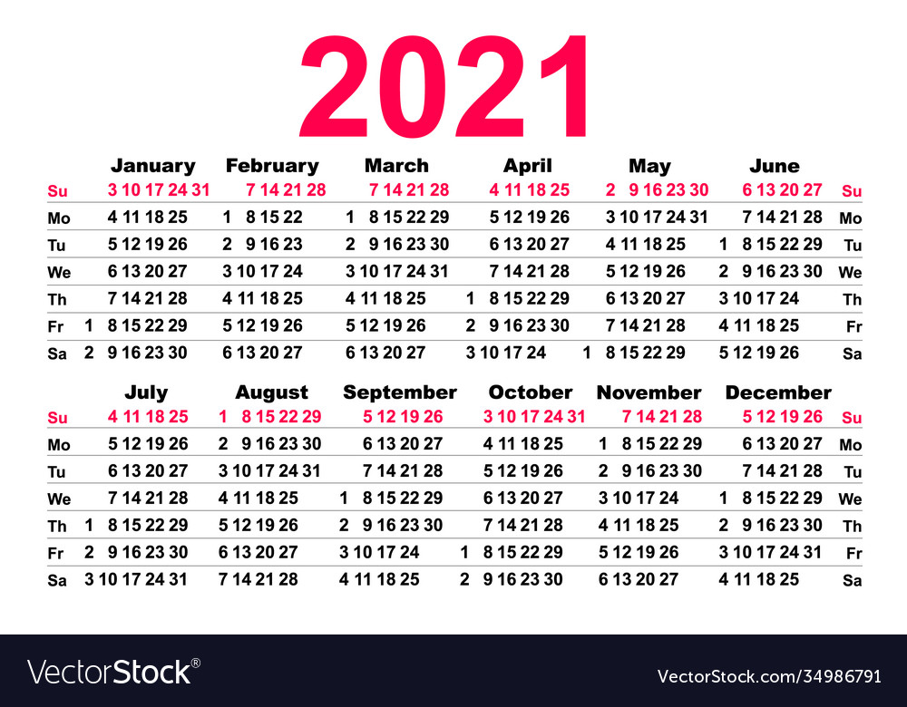Calendar 2021 template grid sunday first day Vector Image