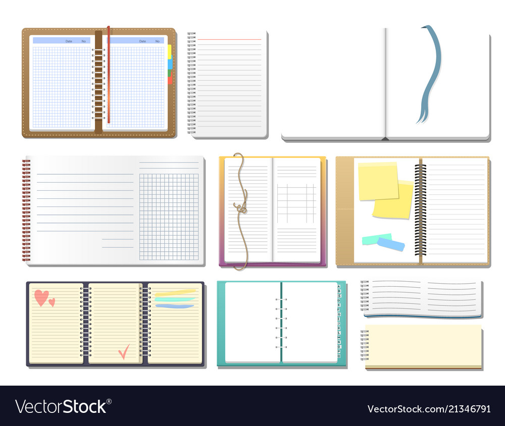 Set of open realistic notebooks with pages diary vector image Set of open realistic notebooks with pages diary