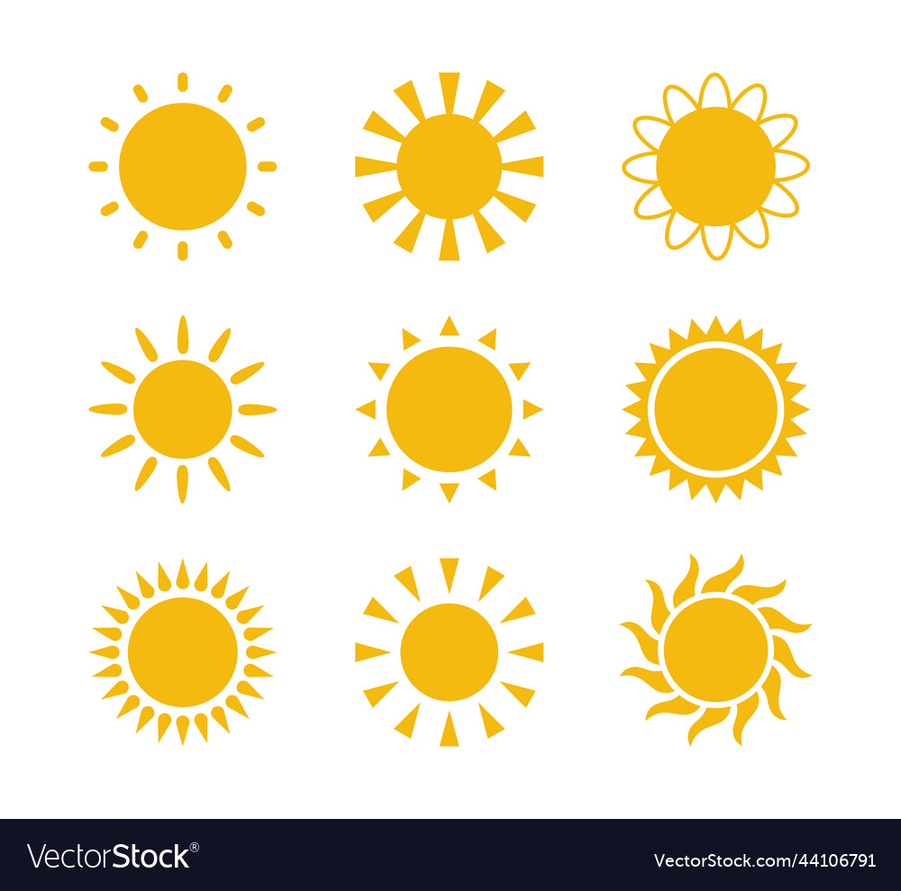 Yellow flat sun with rays icons in various design Vector Image