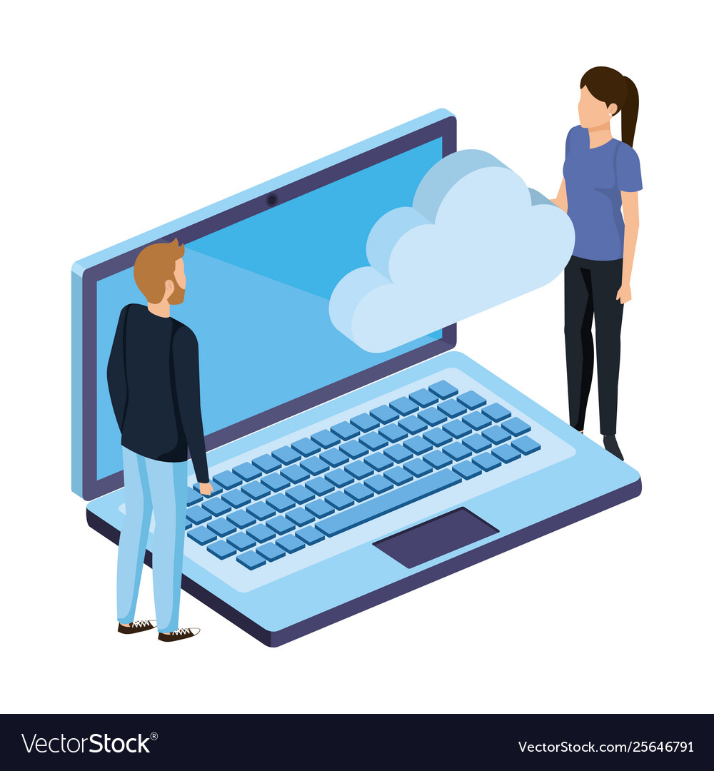 Young couple with laptop and cloud computing