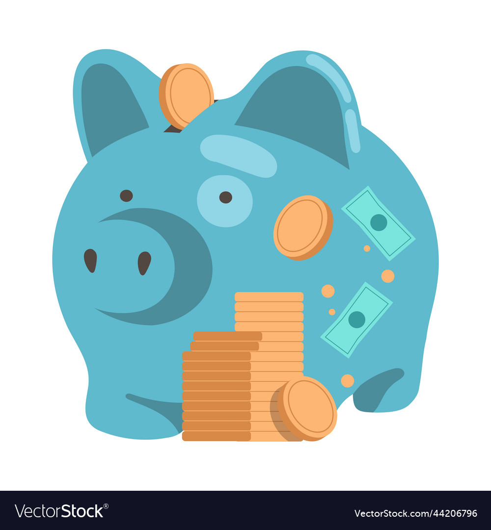 Blue piggy bank with stacked golden coins as asset