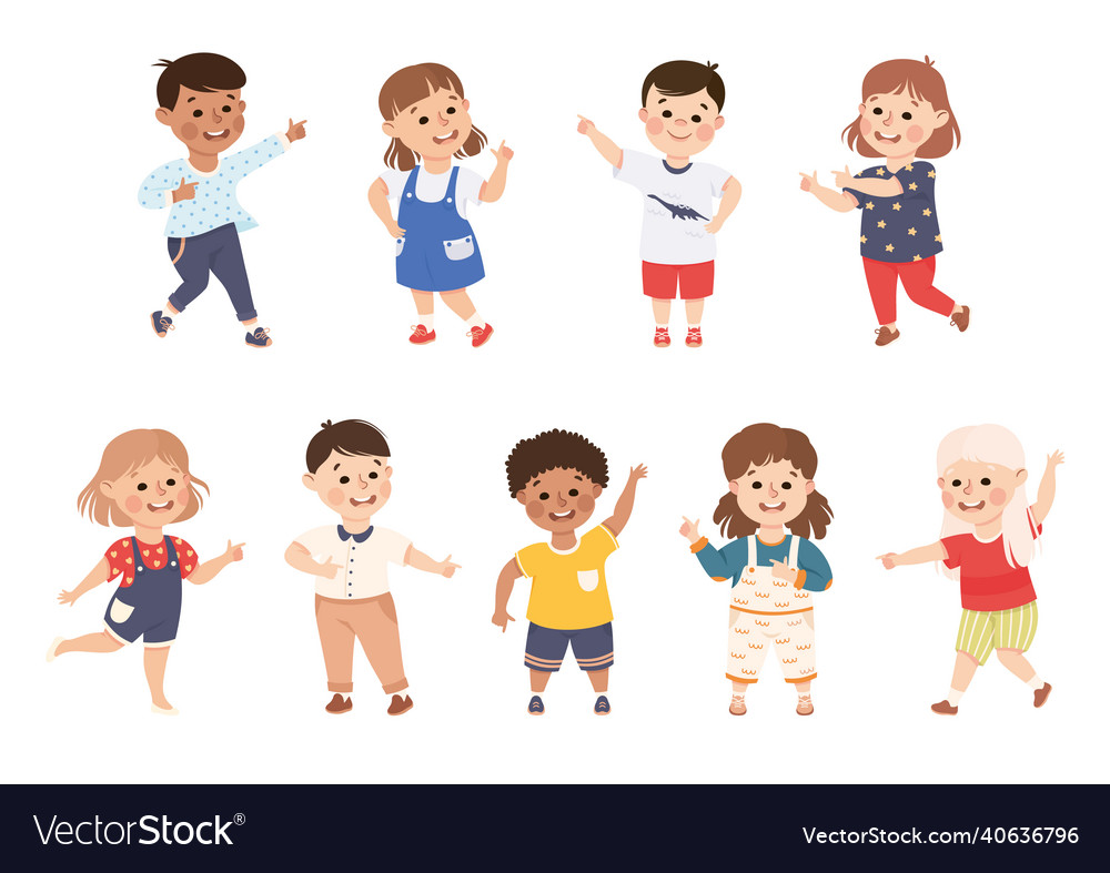 Funny kids pointing at something with extending