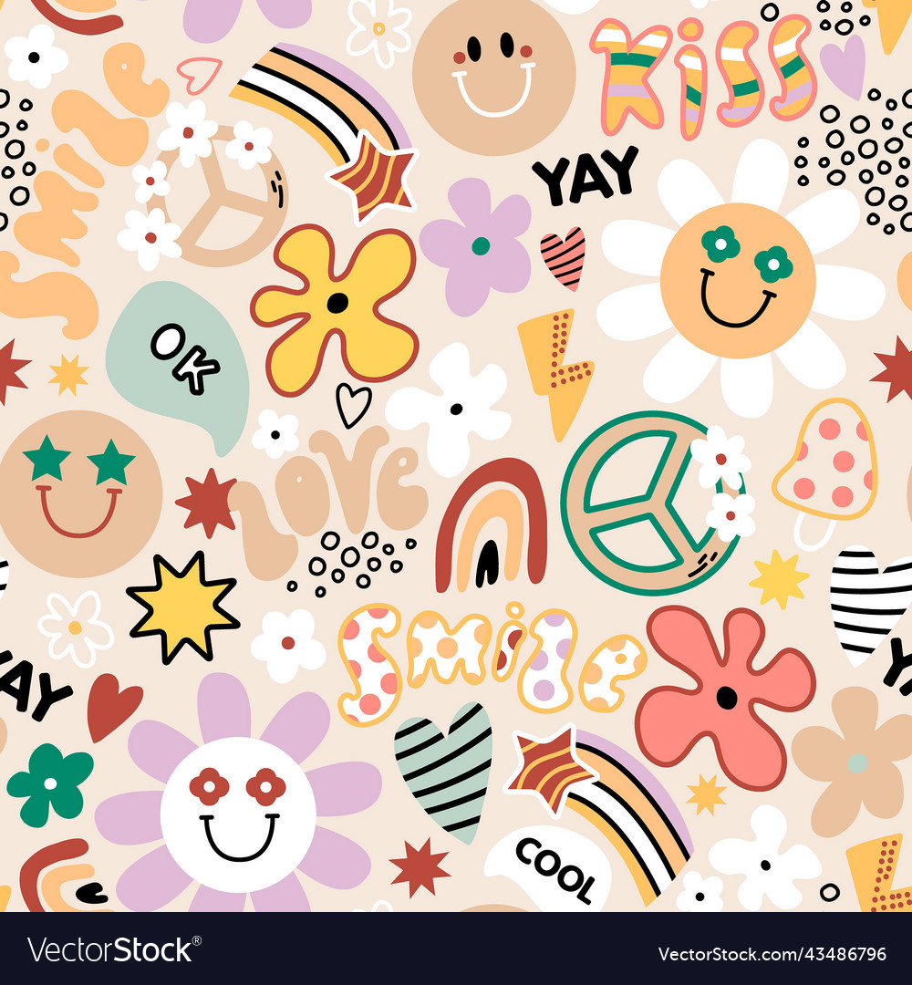 Groovy seamless pattern with flowers rainbow vector image Groovy seamless pattern with flowers rainbow