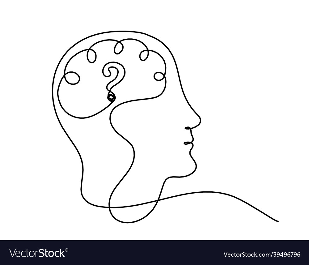 Man silhouette brain and question mark as line