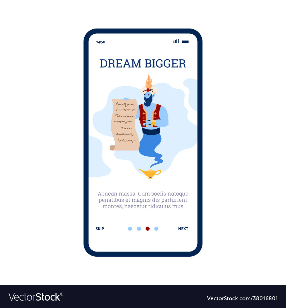 Onboarding screen for mobile app with genie Vector Image Onboarding screen for mobile app with genie