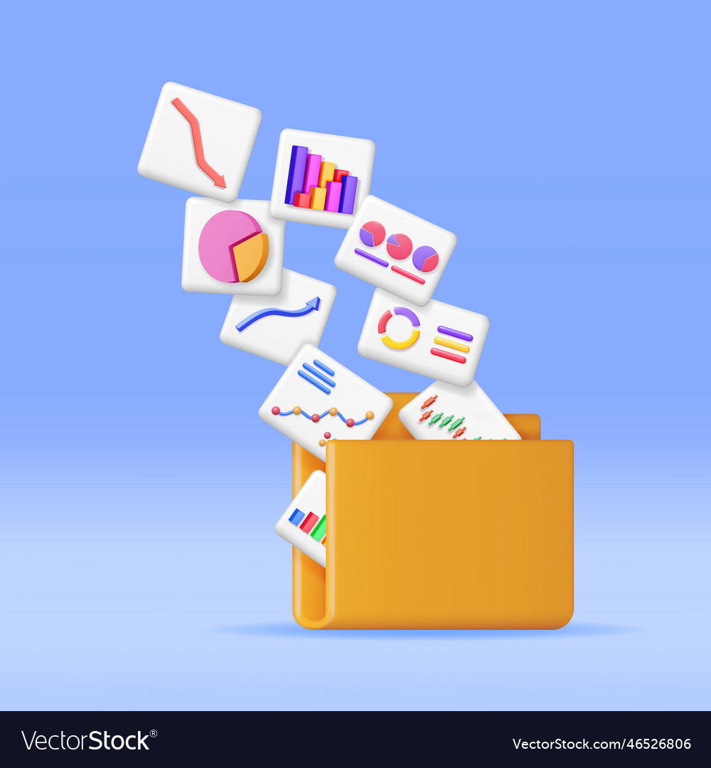 3d file folder full of pie diagram and arrows vector image 3d file folder full of pie diagram and arrows