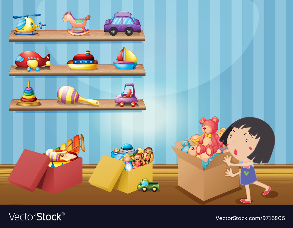 Girl and many toys on shelves Royalty Free Vector Image