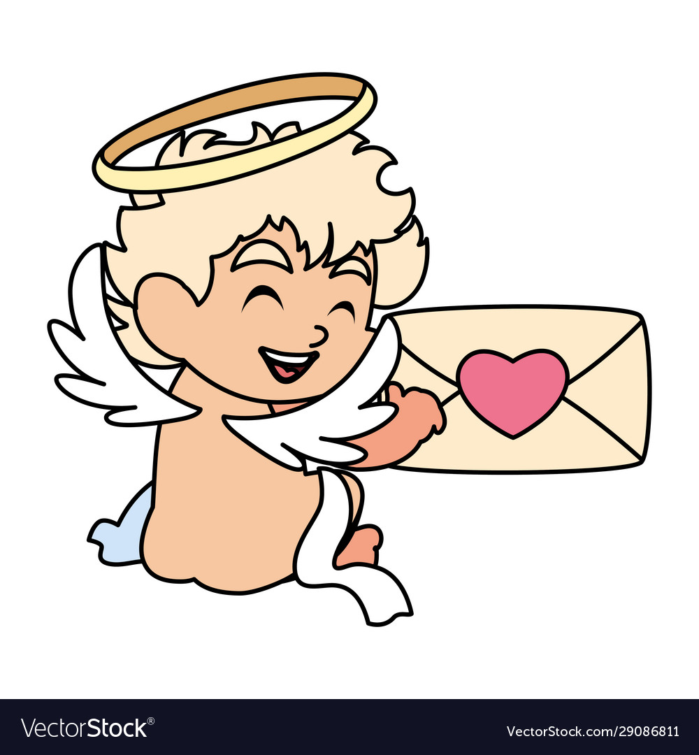 Cute cupid angel holding a love letter in white