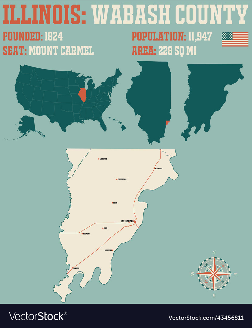 Map of wabash county in illinois Royalty Free Vector Image