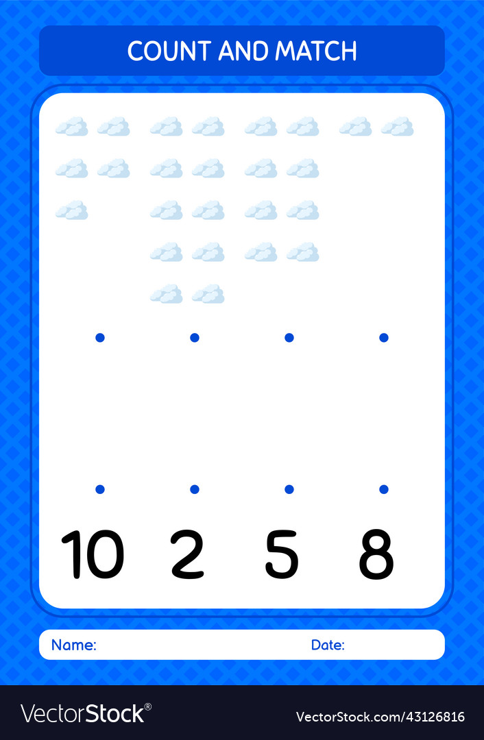 Count and match game with cloud worksheet vector image Count and match game with cloud worksheet